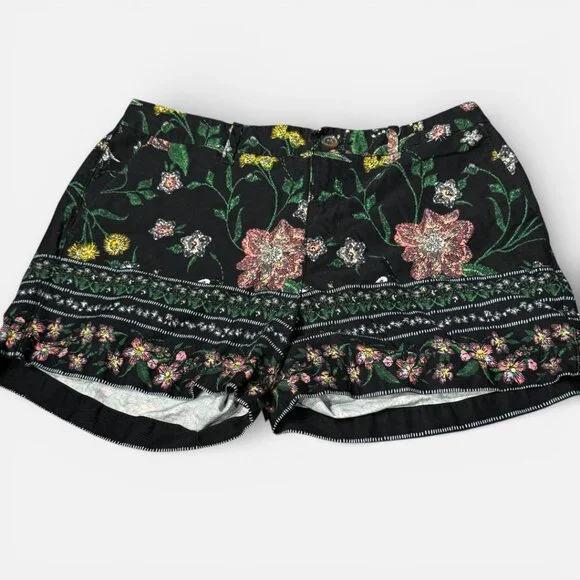 Old Navy Floral Black Cotton Chino Everyday Short Pink Yellow White Green size 6 - Picture 1 of 9